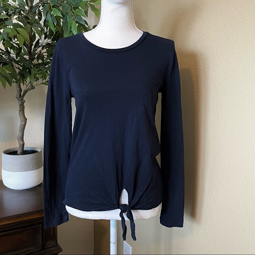 J Crew Mercantile Long-Sleeve Tie Waist T Shirt Top NAVY BLUE XS - Picture 2 of 3